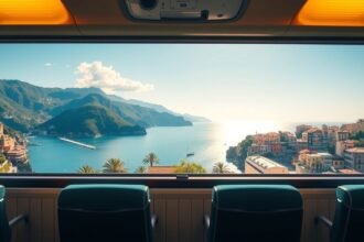 Kilátás vonatból Portofinóra a Ligur tengerparton