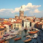 Genova város panorámája, hajók a kikötőben, történelmi épületek.