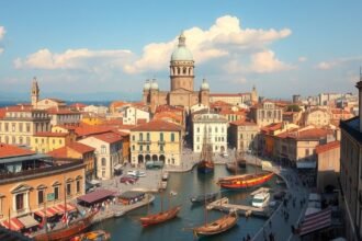 Genova város panorámája, hajók a kikötőben, történelmi épületek.