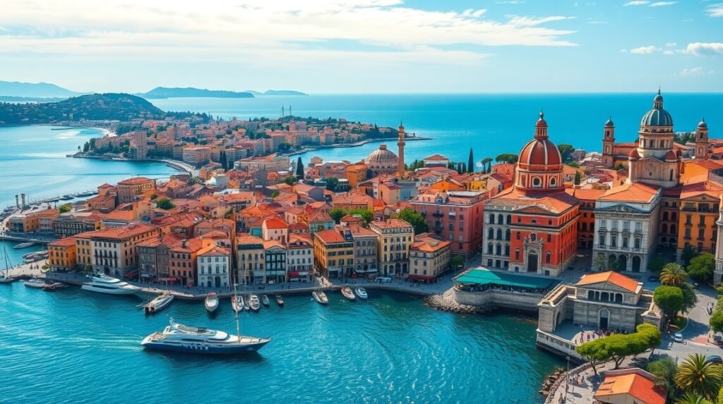 Genova városának panorámaképe a tengerparton