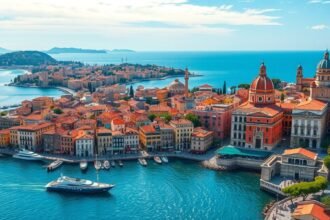 Genova városának panorámaképe a tengerparton