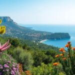 Korfu szigeti táj virágzó növényekkel és tiszta vízzel