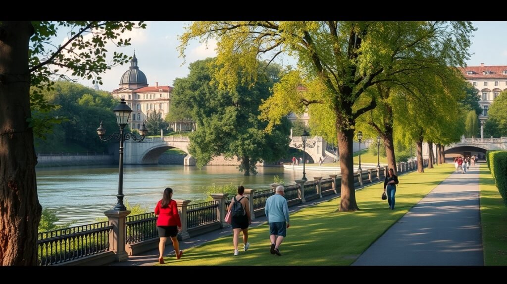 Sétáló emberek a Parco del Valentino parkban Torinóban, a Po folyó partján.
