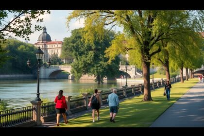 Sétáló emberek a Parco del Valentino parkban Torinóban, a Po folyó partján.