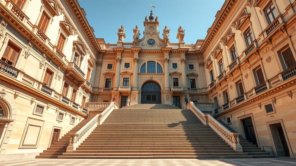 Palazzo Madama impozáns lépcsőháza Torinóban