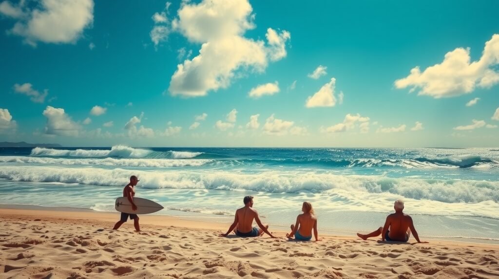 Négy szörfös a tengerparton, napfényes időben.