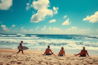 Négy szörfös a tengerparton, napfényes időben.