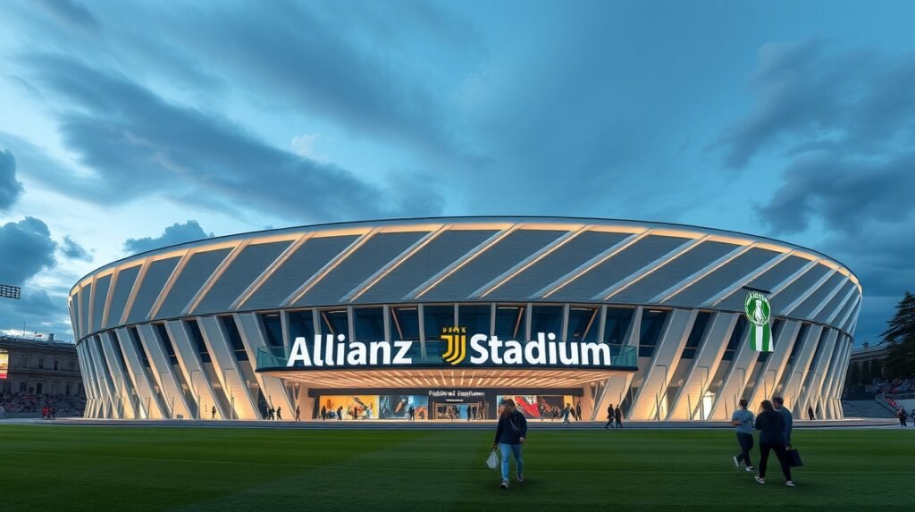 Az Allianz Stadion éjszakai fényei, Torino ikonikus sportlétesítménye.