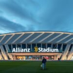 Az Allianz Stadion éjszakai fényei, Torino ikonikus sportlétesítménye.