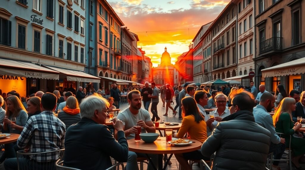 Torino esti aperitivo a naplementében, ízek és emberek összejöveteleként