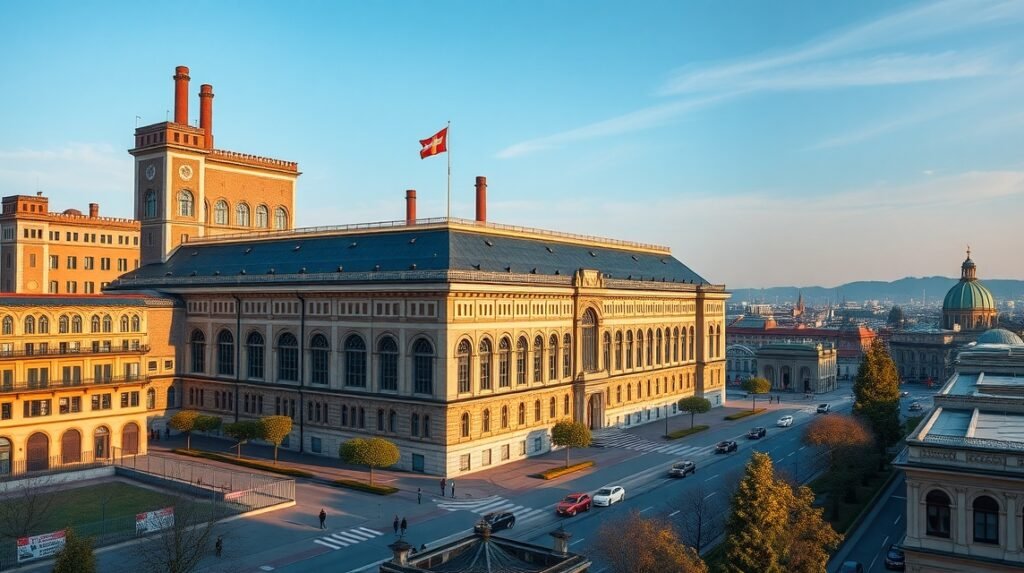Torinói Fiat gyár és a Lingotto tetőpályája városképe.