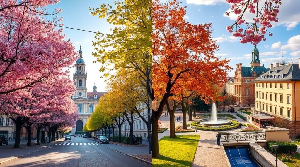 Torino tavaszi és őszi táj, virágzó fák és történelmi épületek.