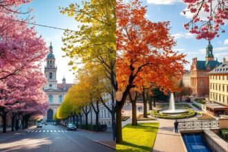 Torino tavaszi és őszi táj, virágzó fák és történelmi épületek.