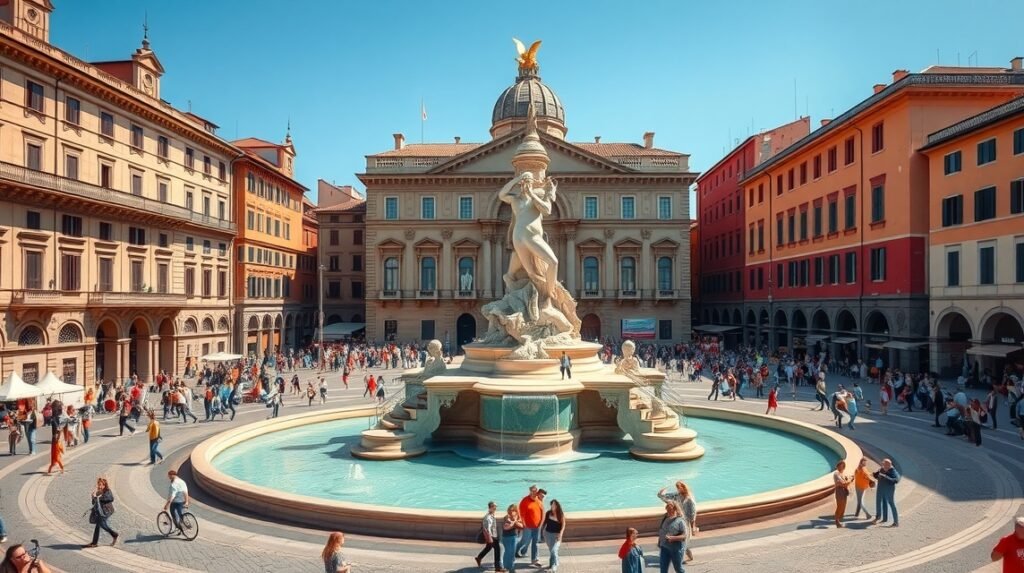 Neptun-kút és Piazza Maggiore Bologna központjában.