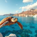 Teknősök repülnek Zakynthos tengerében csodás háttérrel.