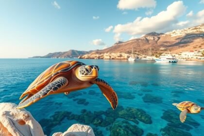 Teknősök repülnek Zakynthos tengerében csodás háttérrel.