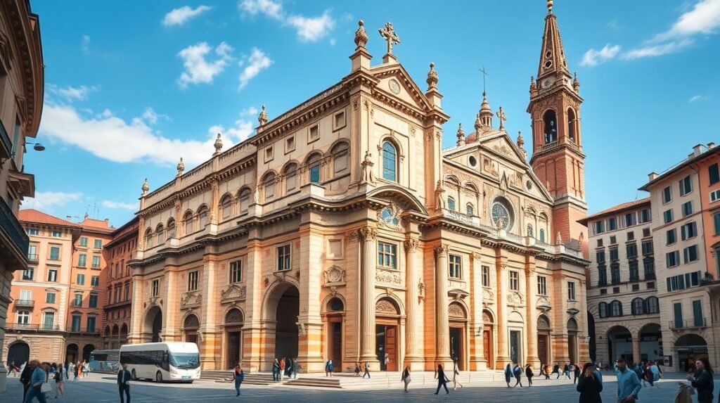 San Petronio-bazilika részlete Bologna városában, Olaszország.