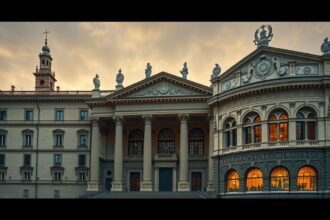 A Bologna Archiginnasio és a barokk Teatro Anatomico épületének részlete.