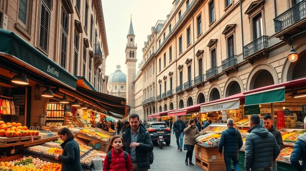 Bologna Quadrilatero piac, friss ételek és helyi specialitások