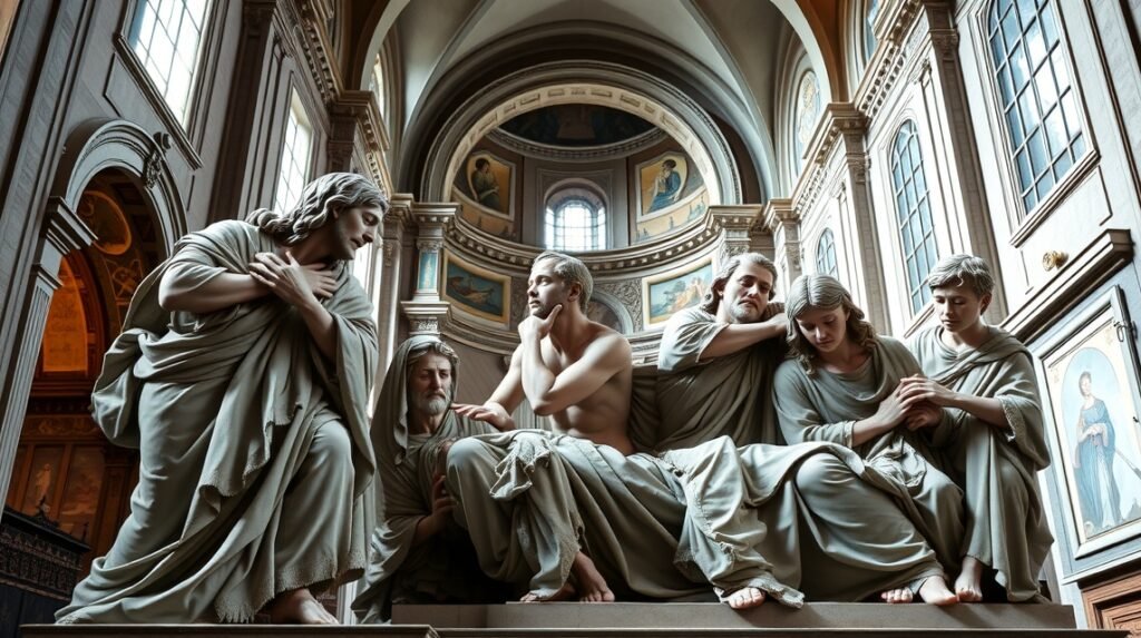 A Santa Maria della Vita templom Siratás-szoborcsoportja Bolognában.