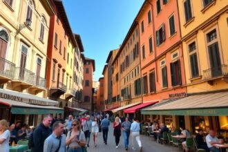 Bologna Egyetemi negyedének hangulatos utcája kávéházakkal.