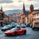 Bologna utcáján sportautók, köztük Ferrari és Lamborghini