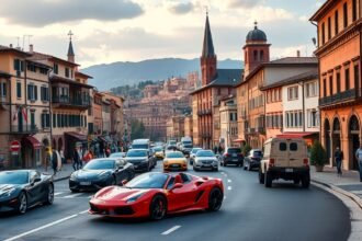 Bologna utcáján sportautók, köztük Ferrari és Lamborghini