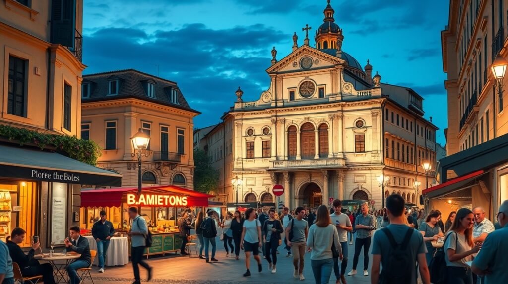 Bologna éjszakai élet a Via Zambonin, diákokkal és éttermekkel.