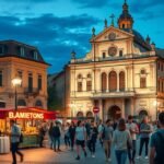 Bologna éjszakai élet a Via Zambonin, diákokkal és éttermekkel.