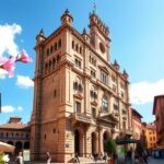 Bologna város látképe napos időben, virágokkal az utcán.