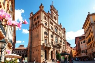 Bologna város látképe napos időben, virágokkal az utcán.