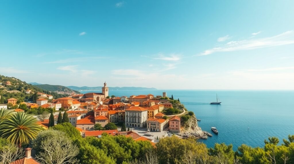 Panorámás nézet a horvátországi Isztria tengerpartjára és városára.