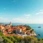 Panorámás nézet a horvátországi Isztria tengerpartjára és városára.