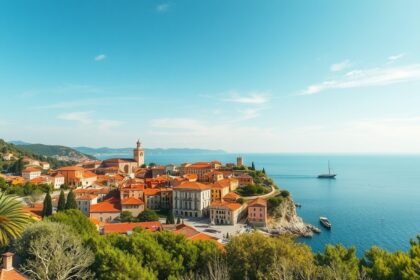 Panorámás nézet a horvátországi Isztria tengerpartjára és városára.