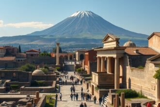 Pompeji romvárosa a Vezúv háttérben, látogatókkal