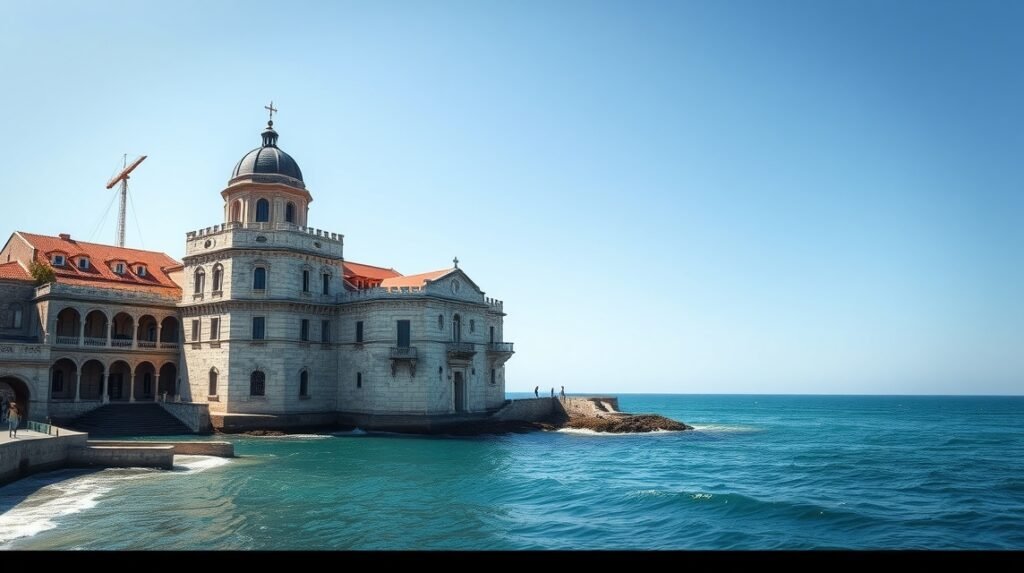 Castel dell'Ovo tengerparton Nápolyban, a Vezúv panorámájával.