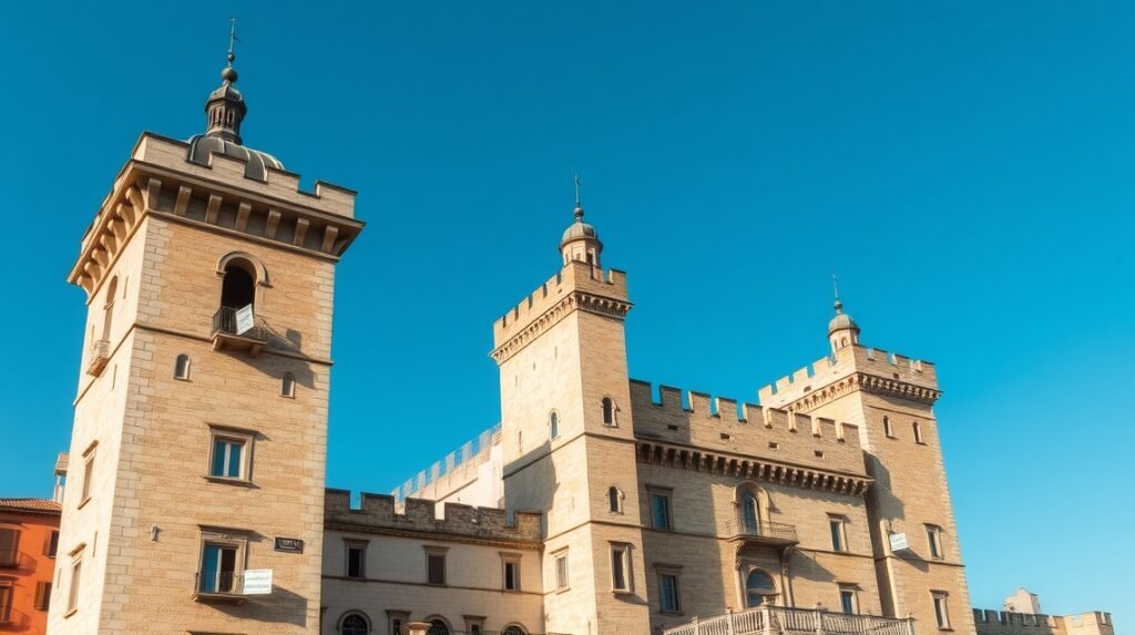 A Castel Nuovo impozáns tornyai Nápolyban, tiszta éggel a háttérben.