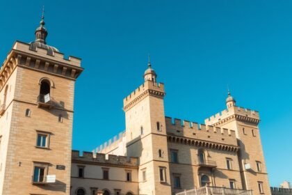 A Castel Nuovo impozáns tornyai Nápolyban, tiszta éggel a háttérben.