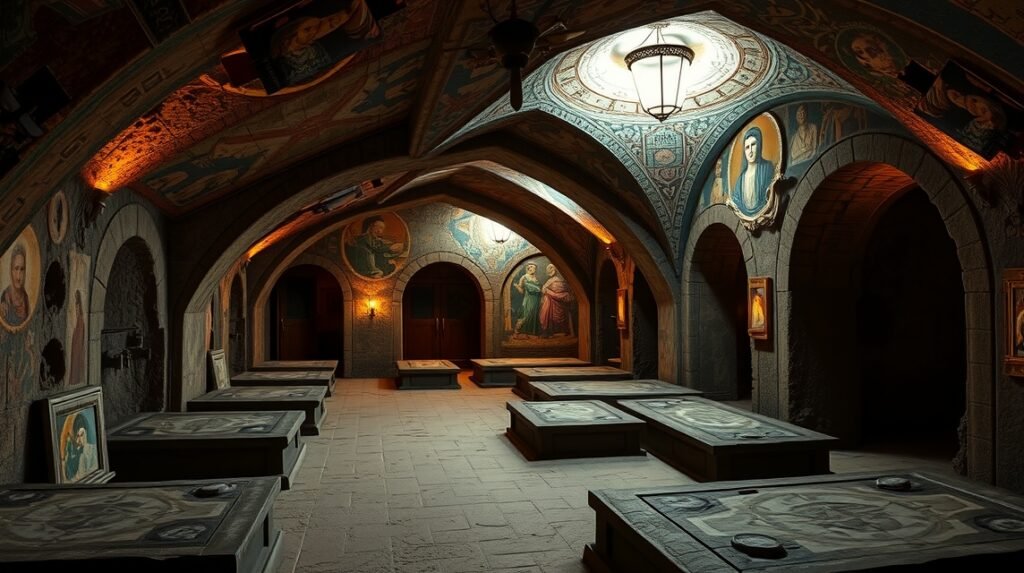 San Gennaro katakombák belső tere, ősi mozaikokkal és sírkamrákkal