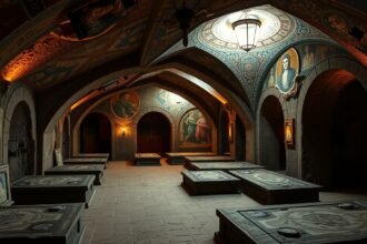 San Gennaro katakombák belső tere, ősi mozaikokkal és sírkamrákkal