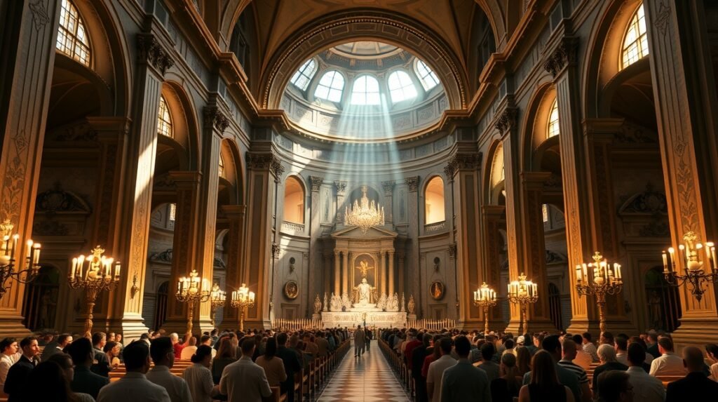 Nápolyi Dóm belső terének fénye és zarándokai