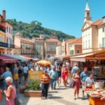 Ciprus városi piacán forgalmas nap, színes standok és emberek.