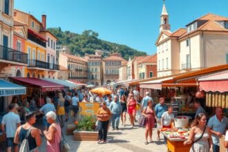 Ciprus városi piacán forgalmas nap, színes standok és emberek.