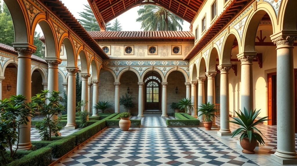 Santa Chiara kolostor kerengője Nápolyban csendes, virágzó kerttel