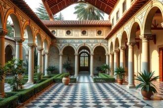 Santa Chiara kolostor kerengője Nápolyban csendes, virágzó kerttel