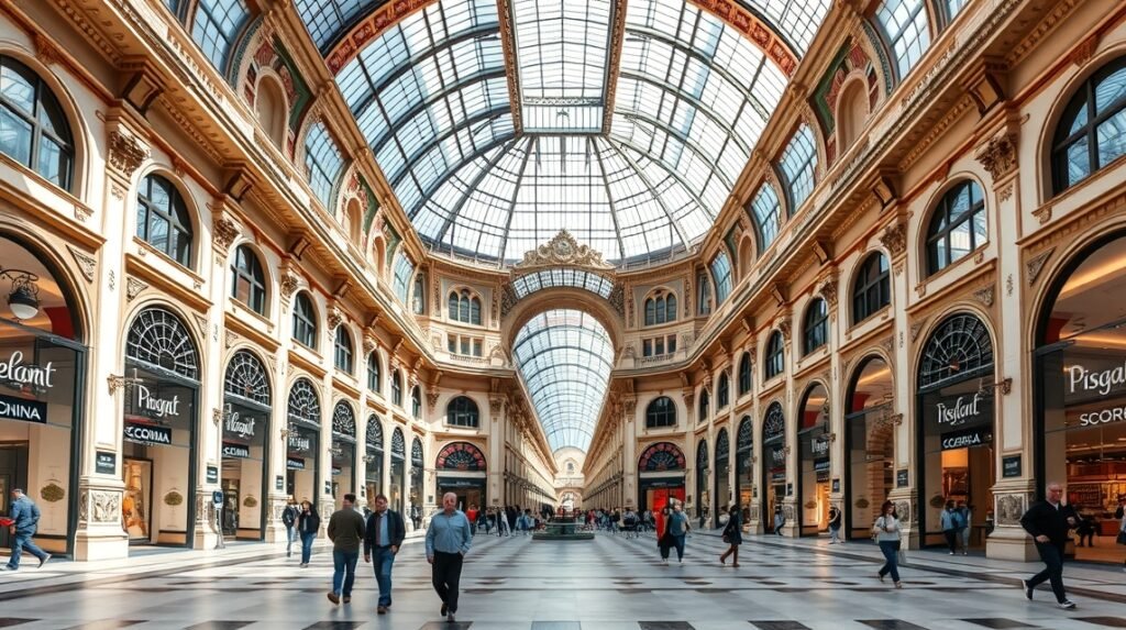 Galleria Umberto I passzázs Nápolyban, ízléses üzletek és üvegkupola.