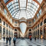 Galleria Umberto I passzázs Nápolyban, ízléses üzletek és üvegkupola.
