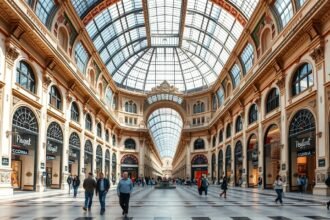 Galleria Umberto I passzázs Nápolyban, ízléses üzletek és üvegkupola.