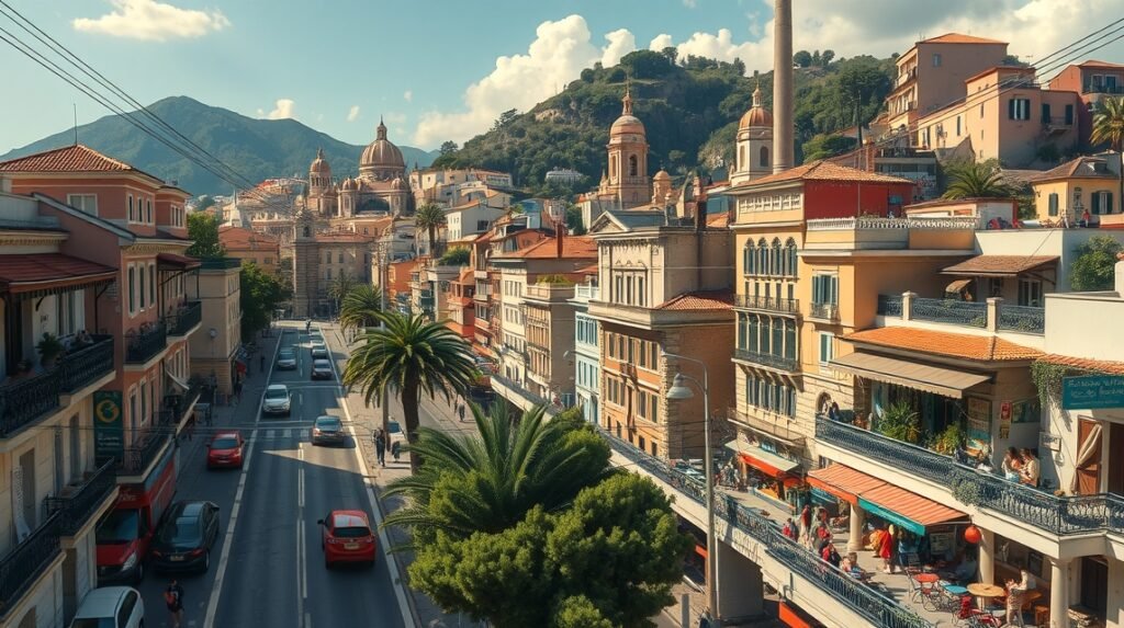 Nápoly városképe, gyönyörű épületekkel és dombos háttérrel.