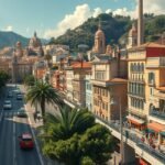 Nápoly városképe, gyönyörű épületekkel és dombos háttérrel.